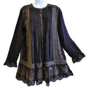 Johnny Was Boho Tunic Dress Chocolate Brown Embroidered Inset Lace Scallop M